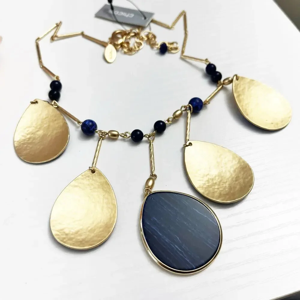 NEW Chico's Goldtone & Blue Teardrop Statement Necklace